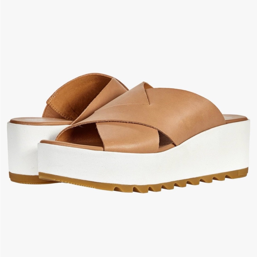 Womens Sorel Cameron Flatform Slide Honest Beige SeaSalt tan leather sandals NWT
